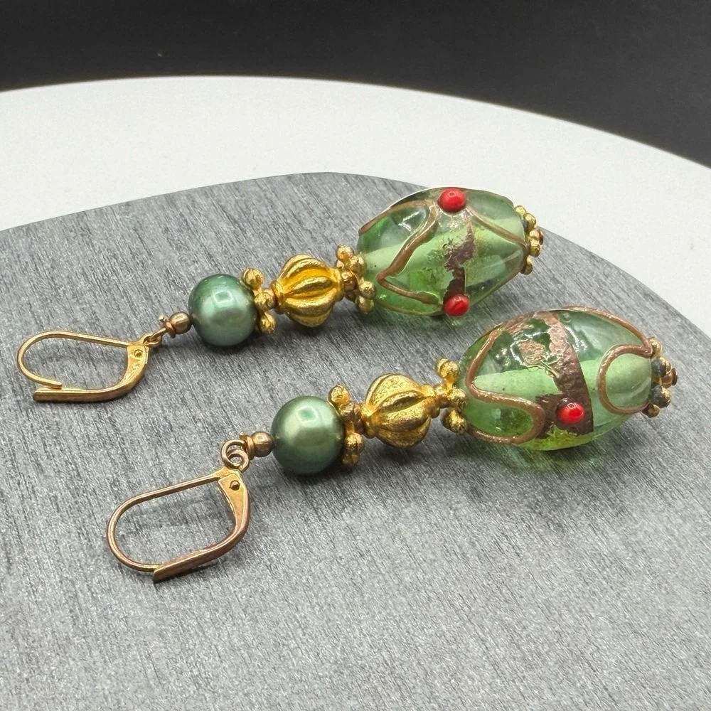 Green Lampwork Glass Bead Dangle Earrings Gold Tone Leverback Statement Boho